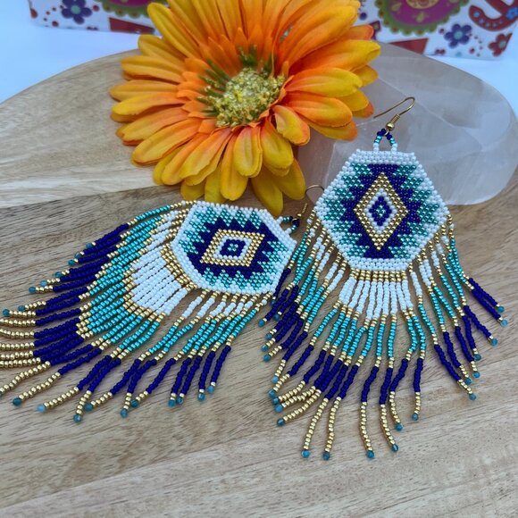 Handmade Beaded Native American Style Long & Large Fringe Dangle Drop Earrings - Picture 6 of 9